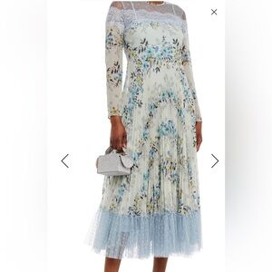 REDVALENTINO
Pleated floral-print georgette, lace and point d'esprit midi dress